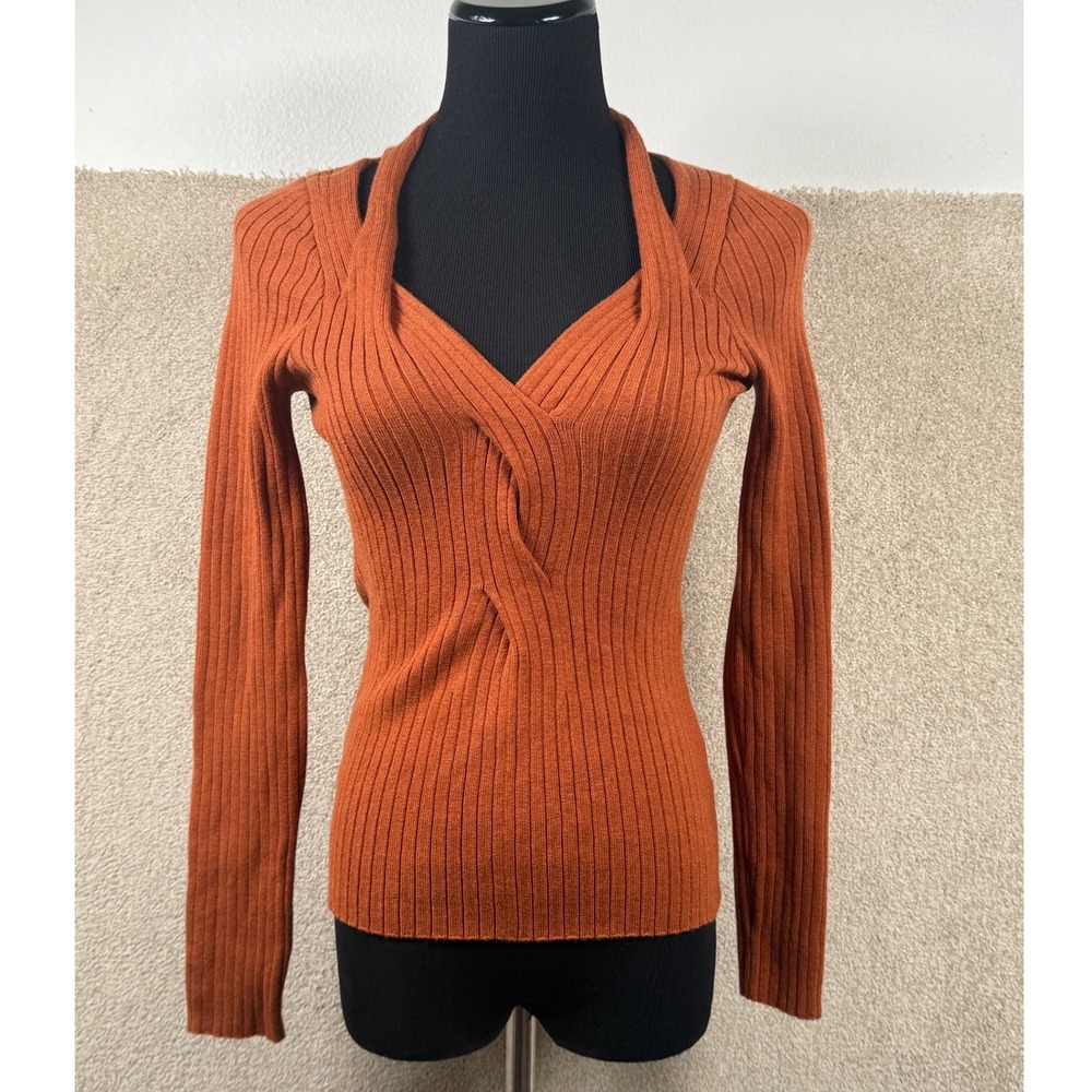 ASTR the Label Rust Ribbed Knit Crossover Sweetheart Halter Sweater AT17051 L